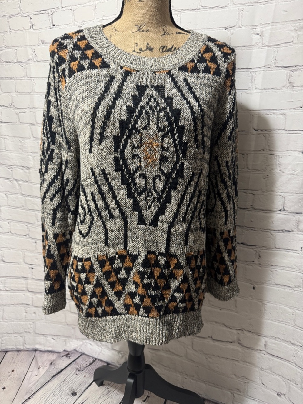 H&M Neutral Geometric Bohemian Patterned Crewneck Sweater - Black, Gray & Brown